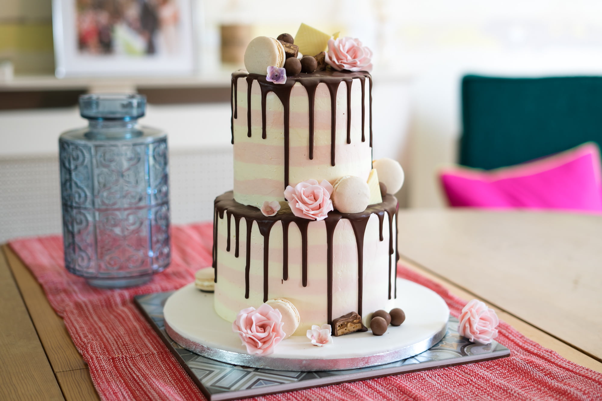 Pink and white striped drip cake