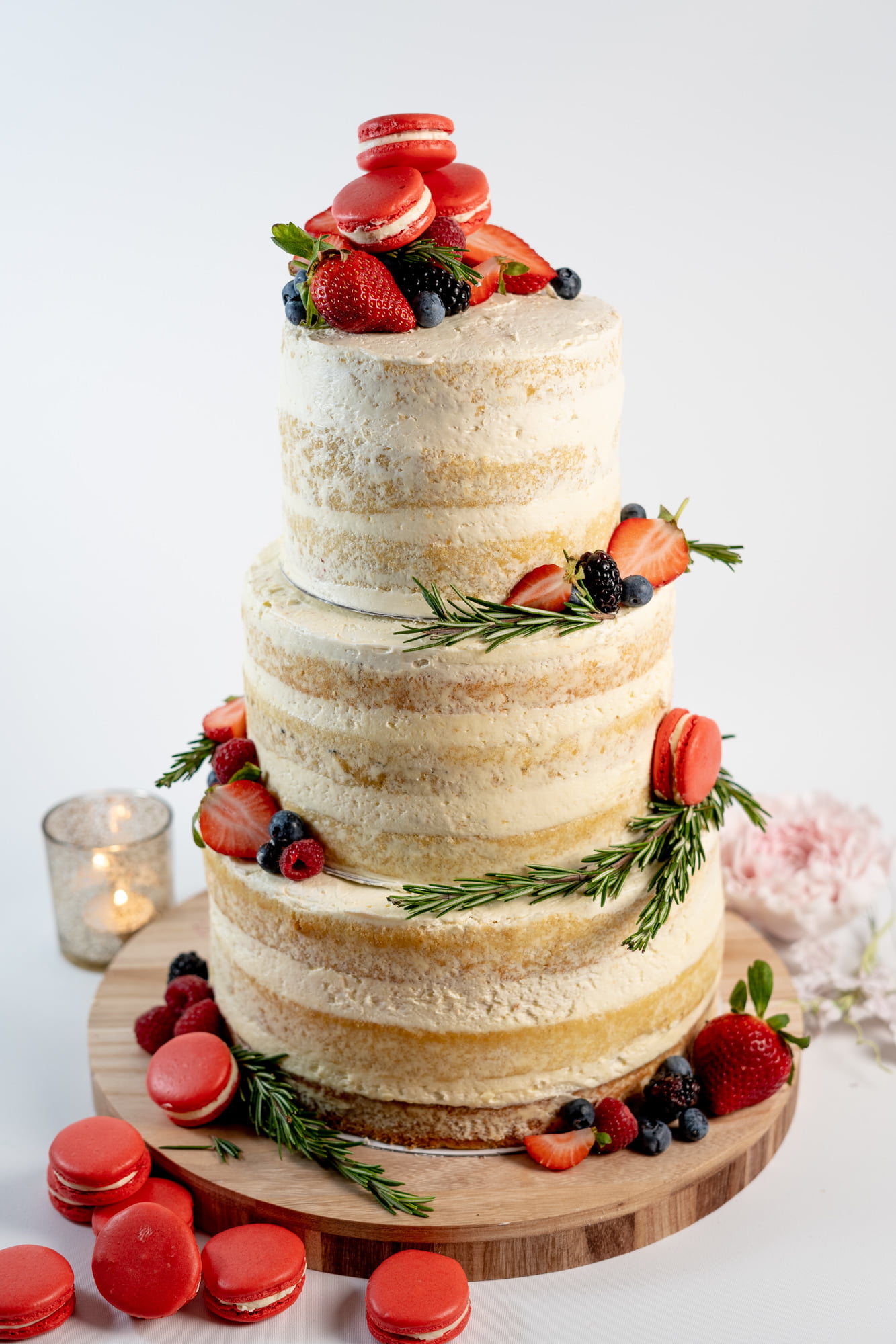 Semi naked 3 tier wedding cake