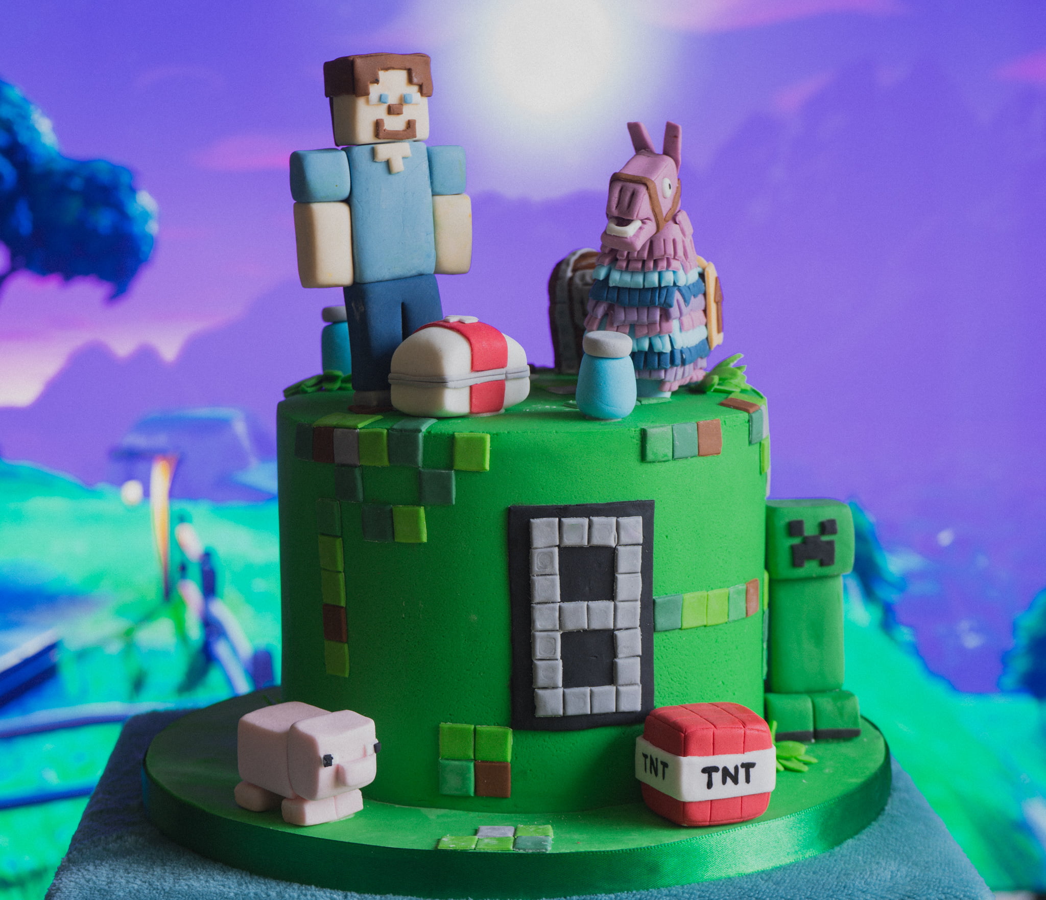 Minecraft and Fortnite birthday cake